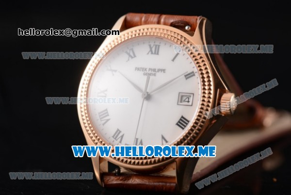 Patek Philippe Calatrava Miyota 9015 Automatic Rose Gold Case with White Dial Brown Leather Strap and Roman Numeral Markers - Click Image to Close